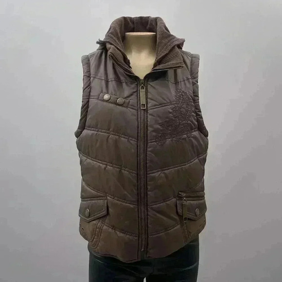 BKE Women's Brown Quilted Puffer Vest Hooded Large Y2K Gorpcore - Picture 1 of 5